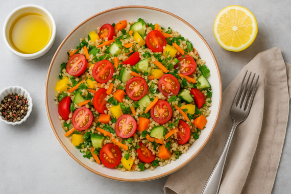 سلطة الكينوا بالخضار هي الخيار الصحي المثالي في السعودية، غنية بالبروتين والألياف وتعتبر وجبة نباتية رائجة لعشاق الغذاء الصحي.
