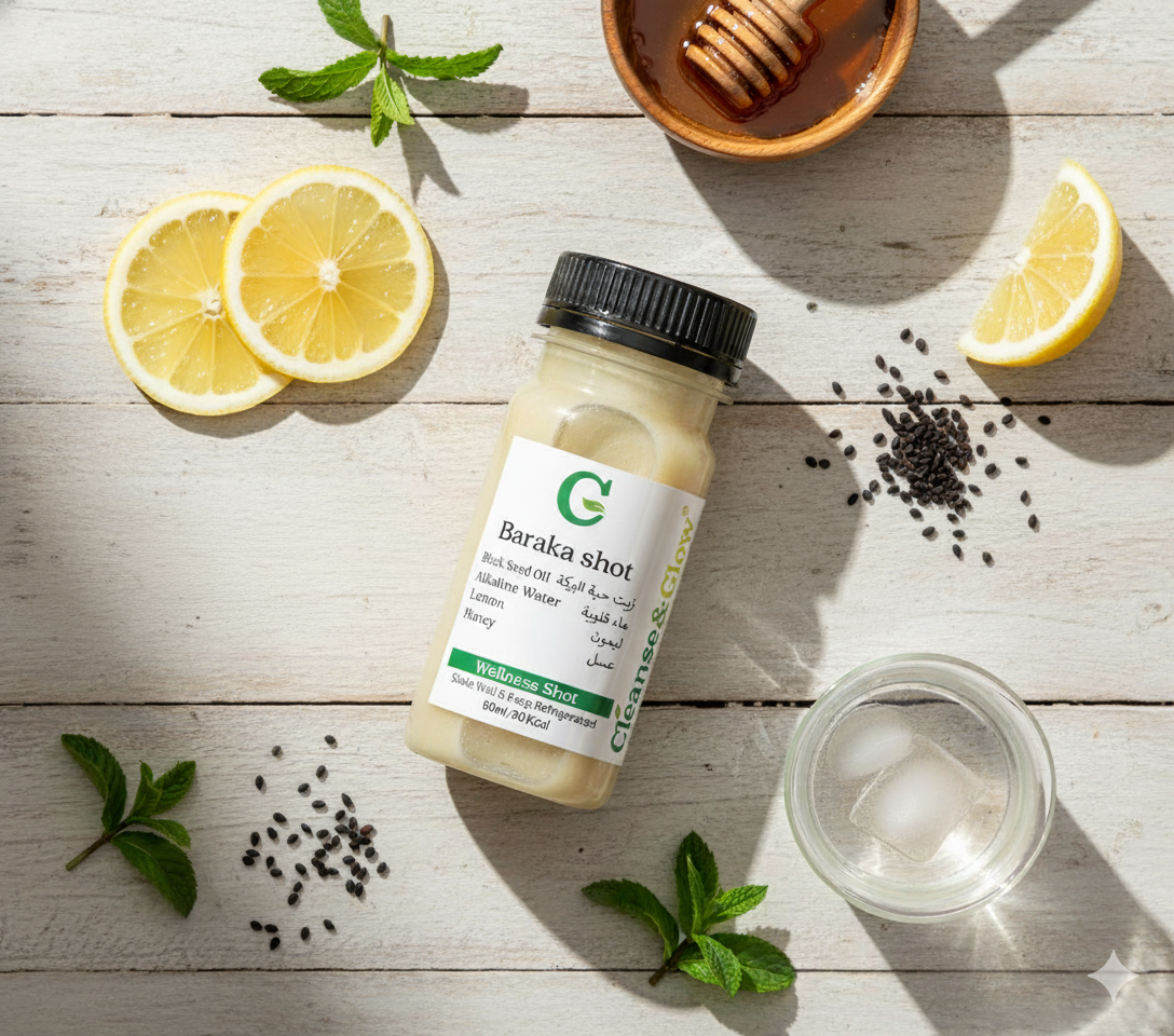 زجاجة Baraka Shot من Cleanse & Glow على سطح خشبي أبيض فاتح، محاطة بمكوناتها الطبيعية: شرائح ليمون، أوراق نعناع خضراء، بذور حبة البركة السوداء، وعاء صغير من العسل، وكوب ماء به مكعبات ثلج. تعكس الصورة أجواء صحية ومنعشة.
