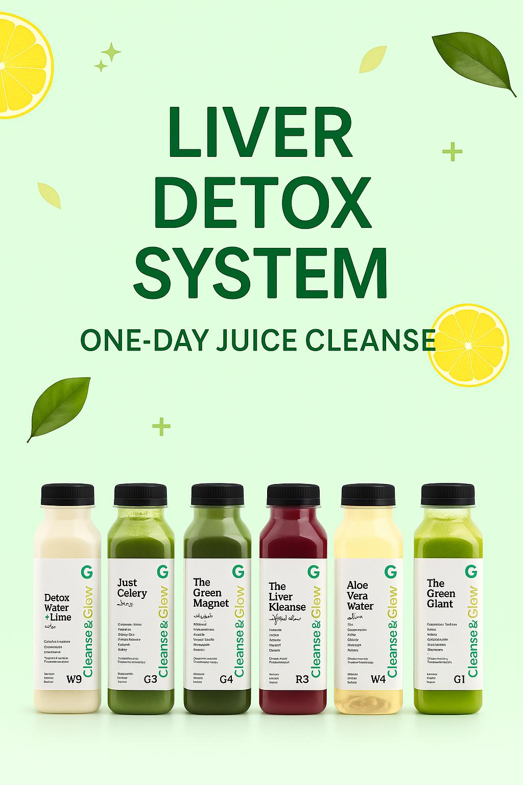 Liver Detox System box with six natural cold-pressed juices for one-day liver cleanse from Cleanse & Glow