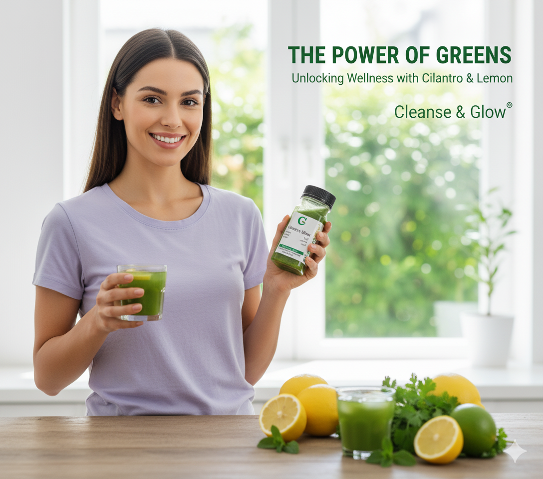 امرأة مبتسمة تحمل زجاجة شوت الكزبرة والليمون من Cleanse & Glow وكوباً من العصير الأخضر في مطبخ مضيء. بجانبها على الطاولة، ليمون طازج وكزبرة. تعبير عن السعادة والصحة مع مشروب الديتوكس الأخضر الطبيعي. تعزيز المناعة والطاقة مع شوت الكزبرة والبقدونس والليمون. مشروبات صحية طبيعية لبداية يوم منعش.