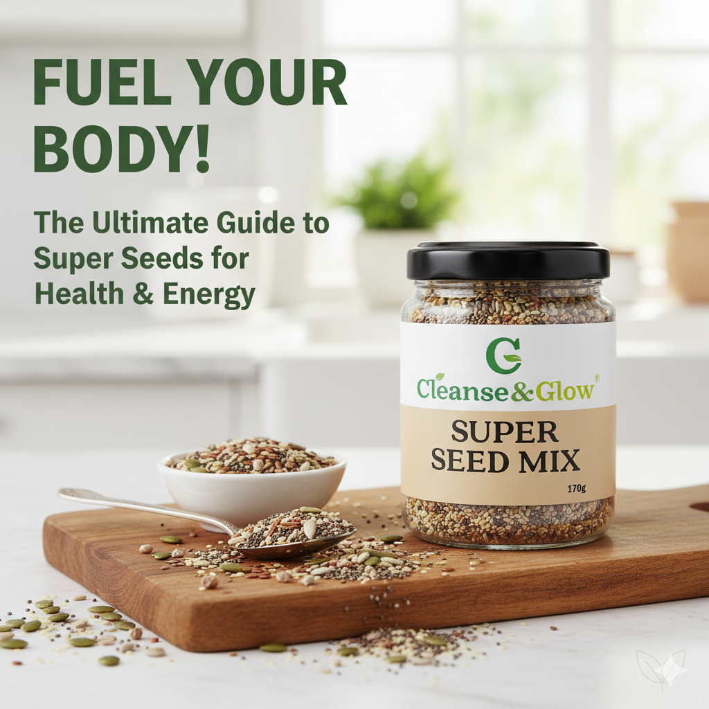 بذور سوبر ميكس (Super Seed Mix) صحية من Cleanse & Glow، غنية بالألياف والبروتين، مثالية لوجبة فطور صحية أو إضافة للمخبوزات