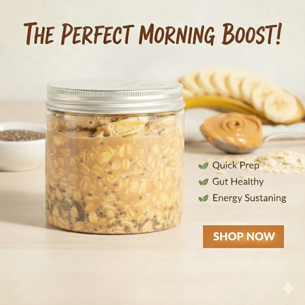 وجبة شوفان ليلية صحية في مرطبان مع زبدة الفول السوداني والموز وبذور الشيا لفطور غني بالطاقة.