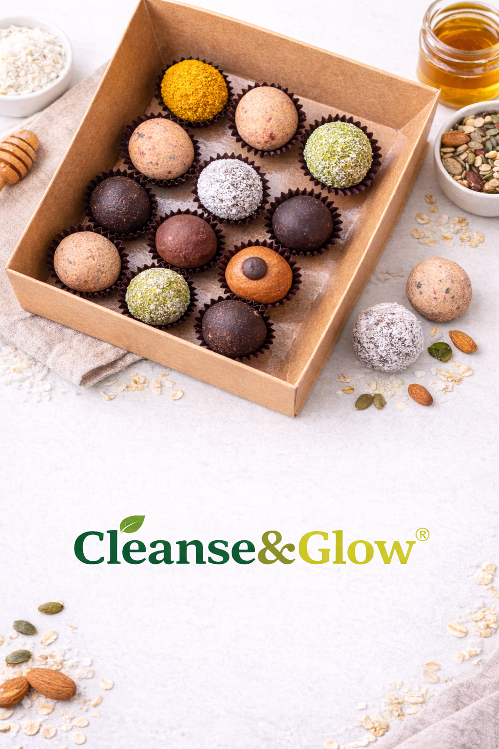 علبة كرات بروتين صحية مشكلة من Cleanse&Glow تحتوي على نكهات متعددة من مكونات طبيعية مثل الشوفان والمكسرات وجوز الهند والعسل